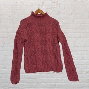Vintage Outback Red Cable Knit Mock Neck Sweater Pink Ramie Cotton Blend Small